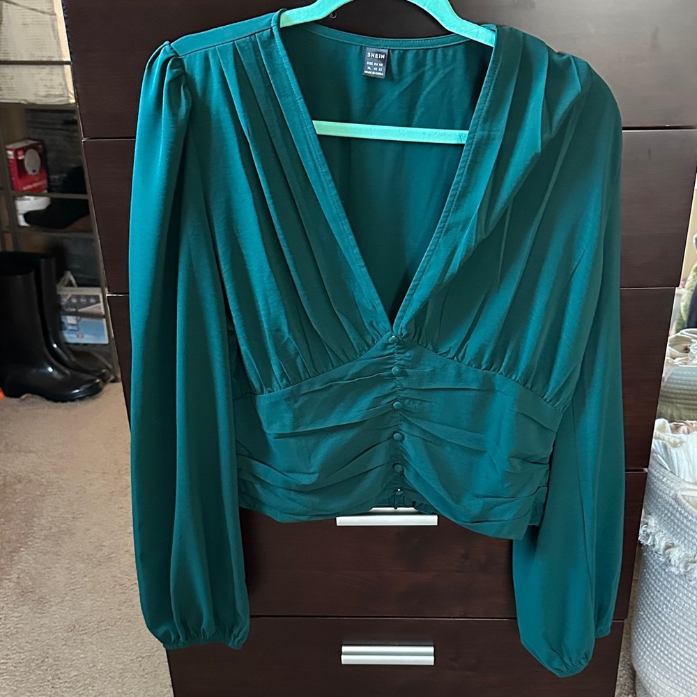 SHEIN Teal V-Neck Blouse
